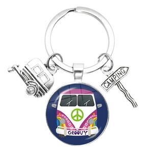 Keychain Retro Van Peace Sign Groovy Magenta